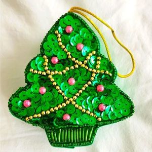 QVC Vintage Christmas Sequin Hanging Gift Box Decoration - Green Christmas Tree
